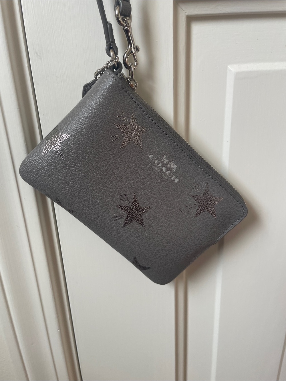 COACH Gray Pebbled Leather Star Zip Wristlet